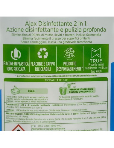 ajax pavimenti detergente liquido - 1250ml - disinfettante: tuttocasashop.it: pulizia e cura della casa