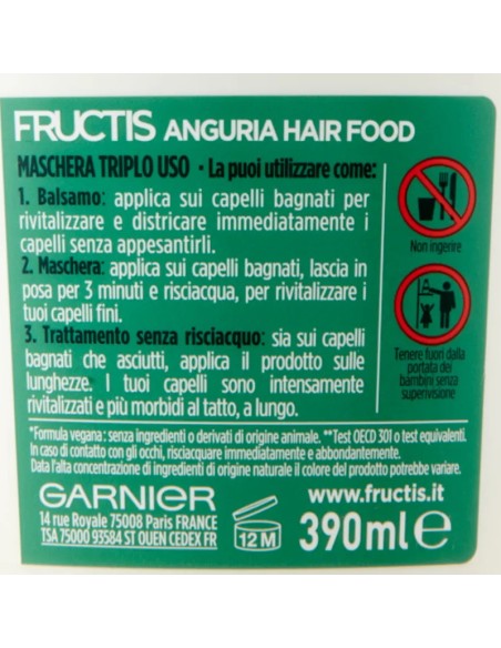 fructis hair food maschera capelli 390ml - anguria - rivitalizzante: tuttocasashop.it: igiene e cura della persona