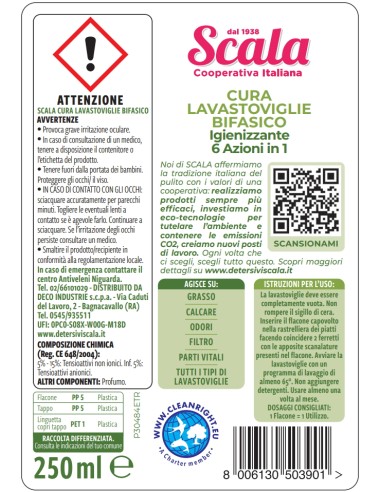 scala curalavastoviglie bifasico - 250ml - igienizzante 6 azioni in 1: tuttocasashop.it: pulizia e cura della casa