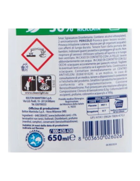 smac detergente spray con erogatore - 650ml - sgrassatore disinfettante: tuttocasashop.it: pulizia e cura della casa