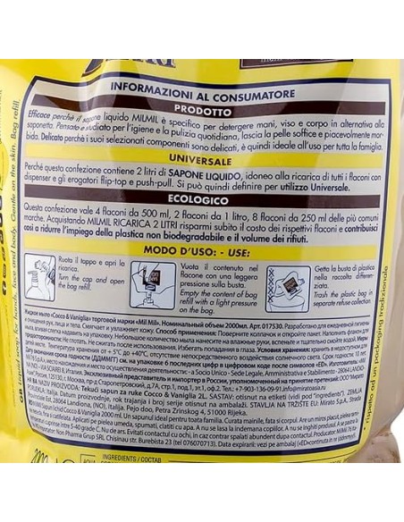 mil mil sapone liquido - ecoricarica - 2 litri - cocco: tuttocasashop.it: igiene e cura della persona