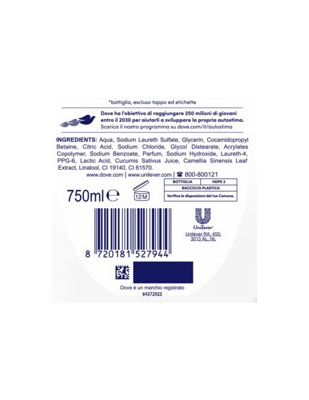 dove bagnodoccia - 750ml - rinfrescante - con cetriolo e te' verde: tuttocasashop.it: igiene e cura della persona