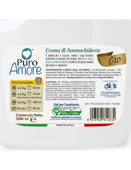 puro amore ammorbidente concentrato - 60 lavaggi - 3 litri - oro: tuttocasashop.it: prodotti per bucato e tessuti