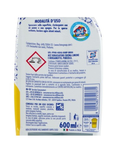 ace sgrassatore cucina spray 600ml - senza candeggina - zero aloni: tuttocasashop.it: pulizia e cura della casa