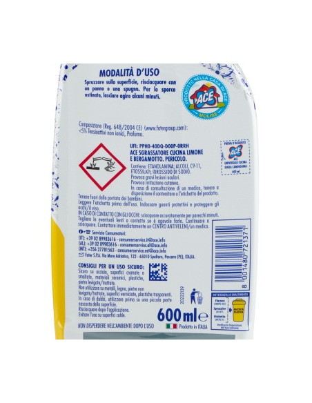 ace sgrassatore cucina spray 600ml - senza candeggina - zero aloni: tuttocasashop.it: pulizia e cura della casa