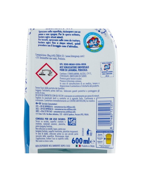 ace sgrassatore universale spray 600ml - senza candeggina - fiori di lavanda: tuttocasashop.it: pulizia e cura della casa