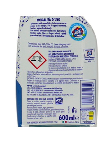 ace sgrassatore universale spray 600ml - senza candeggina - marsiglia: tuttocasashop.it: pulizia e cura della casa