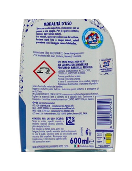 ace sgrassatore universale spray 600ml - senza candeggina - marsiglia: tuttocasashop.it: pulizia e cura della casa