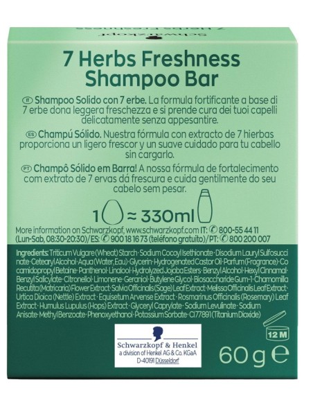 schwarzkopf shampoo solido - 60g - con estratti delle 7 erbe - freshness: tuttocasashop.it: igiene e cura della persona
