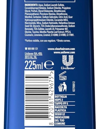 clear shampoo antiforfora 225ml - extra freschezza 24h: tuttocasashop.it: igiene e cura della persona