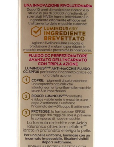 nivea luminous 630 anti-macchie fluido cc spf30 3in1 - 02 medium - 40ml: tuttocasashop.it: igiene e cura della persona