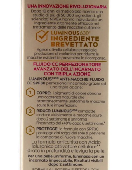nivea luminous 630 anti-macchie fluido cc spf30 3in1 - 02 medium - 40ml: tuttocasashop.it: igiene e cura della persona