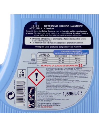 felce azzurra detersivo lavatrice liquido - 32 lavaggi - 1595ml - classico: tuttocasashop.it: prodotti per bucato e tessuti