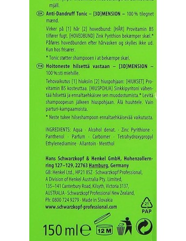 testanera schwarzkopf 3d mension - 150ml - tonico antiforfora: tuttocasashop.it: igiene e cura della persona