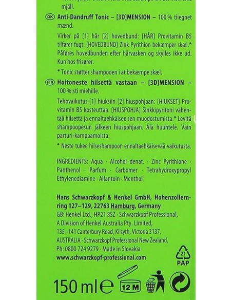 testanera schwarzkopf 3d mension - 150ml - tonico antiforfora: tuttocasashop.it: igiene e cura della persona