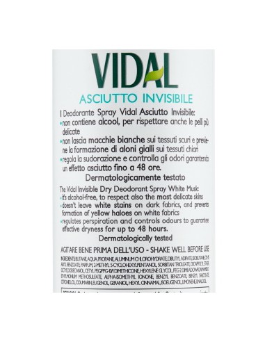 vidal deodorante spray - 150ml - asciutto invisibile - muschio bianco: tuttocasashop.it: igiene e cura della persona