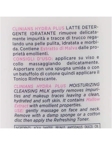 clinians hydra plus latte detergente 200ml - pelli secche sensibili - malva: tuttocasashop.it: igiene e cura della persona
