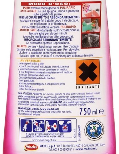 pulirapid detergente anticalcare liquido - 750ml - aceto: tuttocasashop.it: pulizia e cura della casa