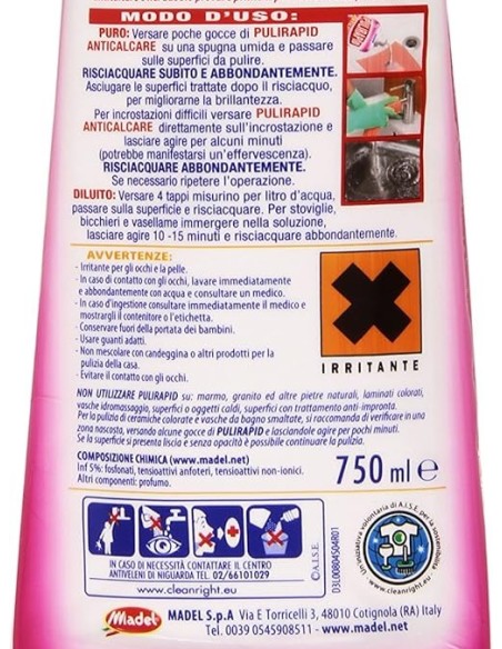 pulirapid detergente anticalcare liquido - 750ml - aceto: tuttocasashop.it: pulizia e cura della casa
