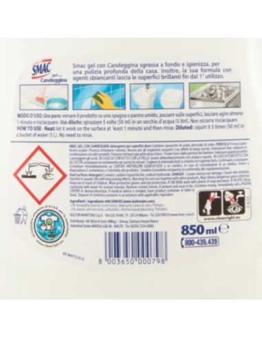 smac gel con candeggina 850ml - formula igienizzante - ultrabianco brillante: tuttocasashop.it: pulizia e cura della casa