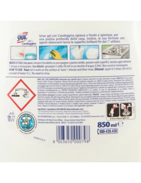 smac gel con candeggina 850ml - formula igienizzante - ultrabianco brillante: tuttocasashop.it: pulizia e cura della casa