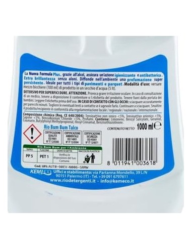 rio bumbum plus+ detergente pavimenti - 1 litro - talco: tuttocasashop.it: pulizia e cura della casa