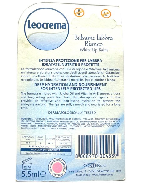 leocrema stick labbra 5.5ml - bianco - senza glutine lattosio parabeni: tuttocasashop.it: igiene e cura della persona