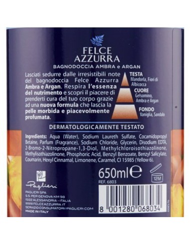 felce azzurra bagnoschiuma 650ml - ambra & argan - essenza di nutrimento: tuttocasashop.it: igiene e cura della persona