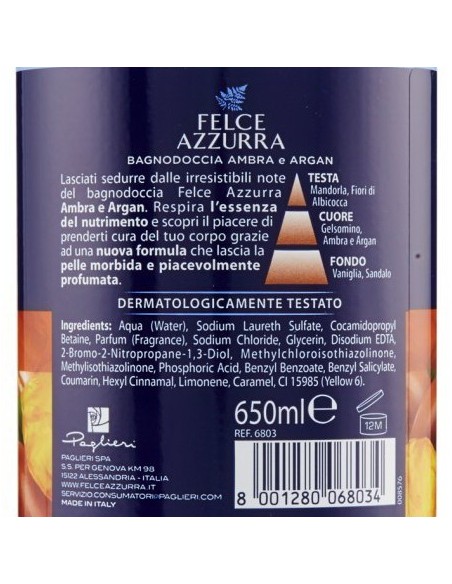 felce azzurra bagnoschiuma 650ml - ambra & argan - essenza di nutrimento: tuttocasashop.it: igiene e cura della persona