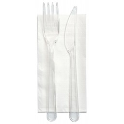 Bis Posate In Plastica 17cm Forchetta E Coltello Trasparenti + Tovagliolo