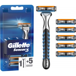 Gillette Sensor Iii Normal Rasoio In Metallo + 6 Testine Ricambio A 3 Lame