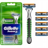 Gillette Sensor Iii Sensitive Rasoio In Metallo +6 Testine Ricambio A 3 Lame