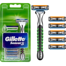 Gillette Sensor Iii Sensitive Rasoio In Metallo +6 Testine Ricambio A 3 Lame